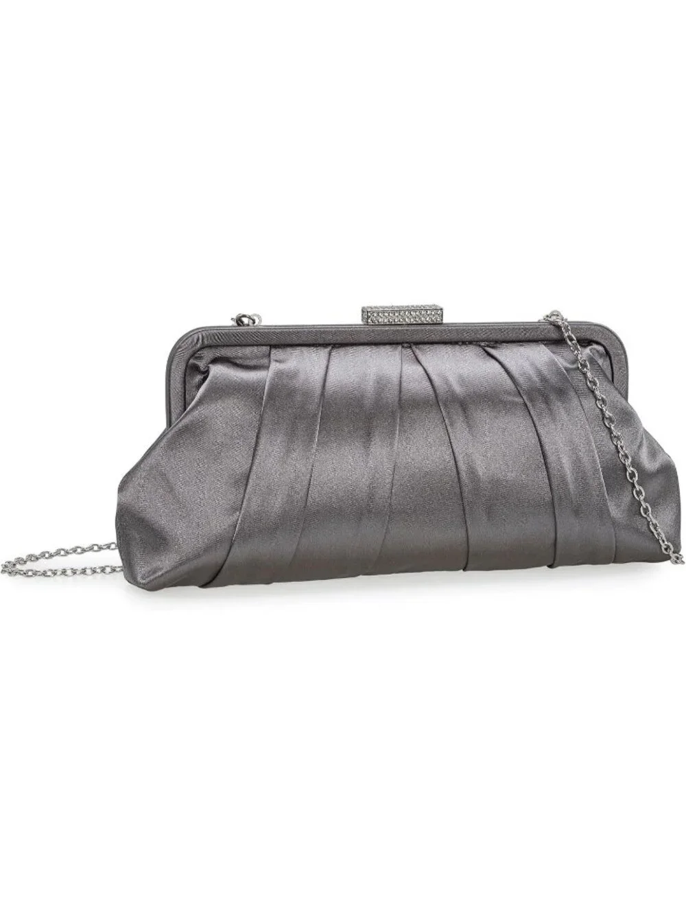 Women's Pewter Classic Pleated Satin Clutch Purse Diamante Formal Evening Bag